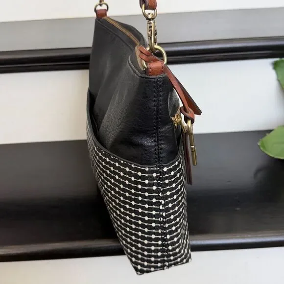 Fossil genuine leather waxed canvas crossbody shoulder handbag purse neutral - Picture 5 of 14